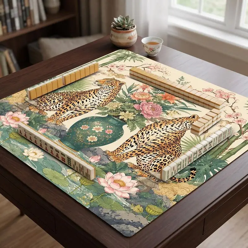 VIKAMA American Mah Jongg Mat Vintage Leopard Lotus Bamboo Rubber Silent Non Slip Foldable Waterproof Home Party Pad