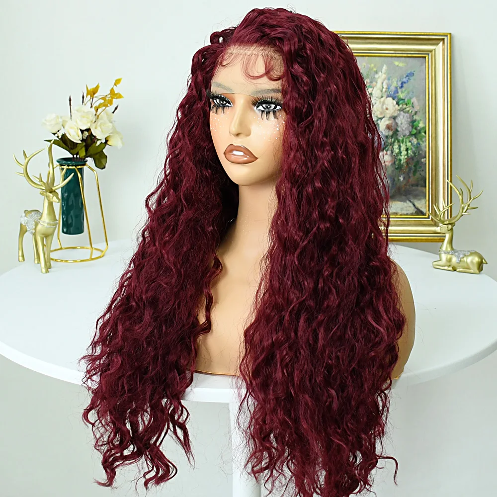 Винно-красный синтетический парик спереди для женщин Бордовый длинный волнистый бесклеевой парик Натуральная линия волос Термостойкое волокно Парик шнурка волос