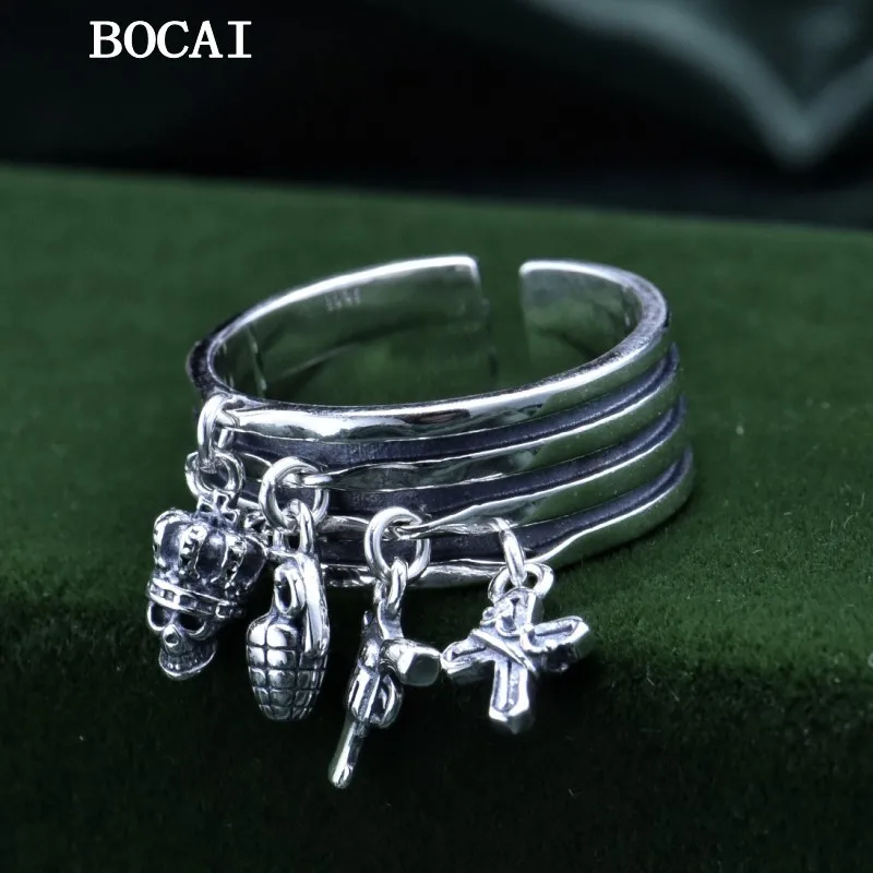 BOCAI S925 Sterling Silver Personalized Retro Niche Multi-layered Skull Cross Women's Ring