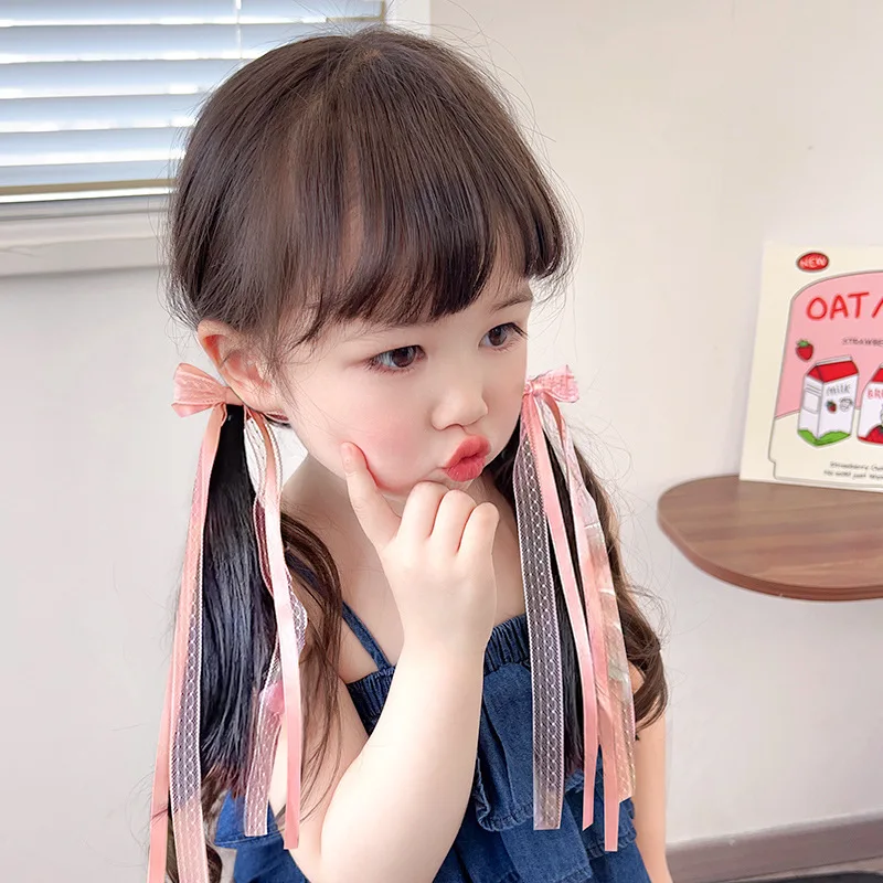 الحلو الأطفال Bowknot دبابيس الشعر الأميرة فتاة شرابات طويلة أغطية الرأس الوردي الأزرق الدانتيل المشابك الجنية الاطفال مقاطع الشعر اكسسوارات