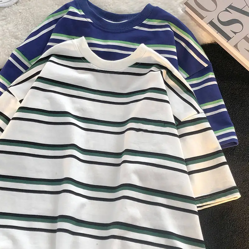 Southeast Asian Stripe T-Shirt Loose Short Sleeve Women's Fashion Brand Couple's Printed Linen Spring Summer 2023 T-Shirt