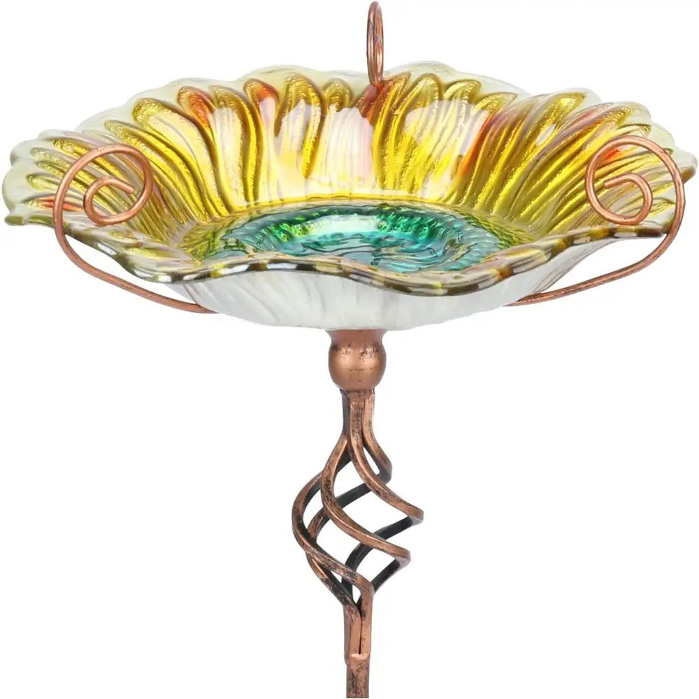 Glass Birdbath Bowl with Stake Garden Decor | 25.6 Inch Height Stain Glass Bird Bath, Birdbaths for Bird Feeders Bowl with Stake