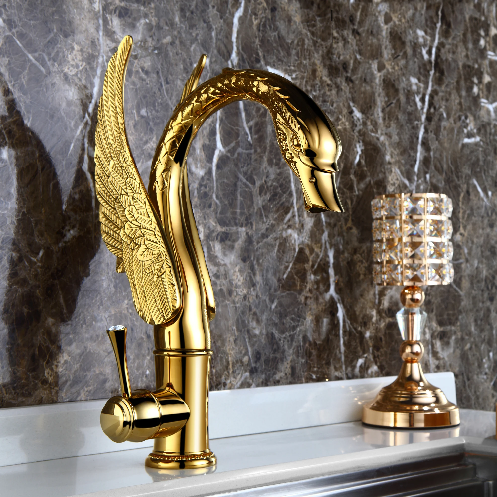 Cold and hot faucets, all copper, European style swan faucet, bathroom, gold washbasin, antique double handle, single hole