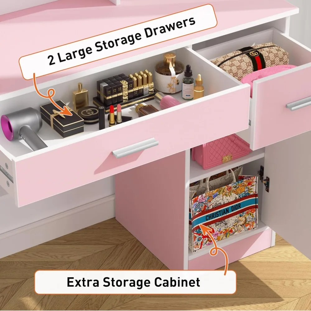 Beleuchteter Schminktisch mit zwei Spiegeln und Hocker, 3-Modus-Schminktisch-Set in Rosa