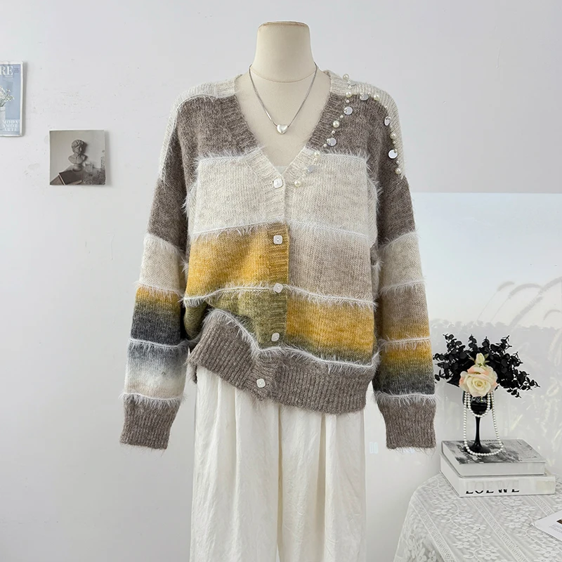 

Полосатый вязаный свитер с v-образным вырезом и длинными рукавами, женский осенний свободный топ с блестками для тяжелой промышленности 202, осень 202,