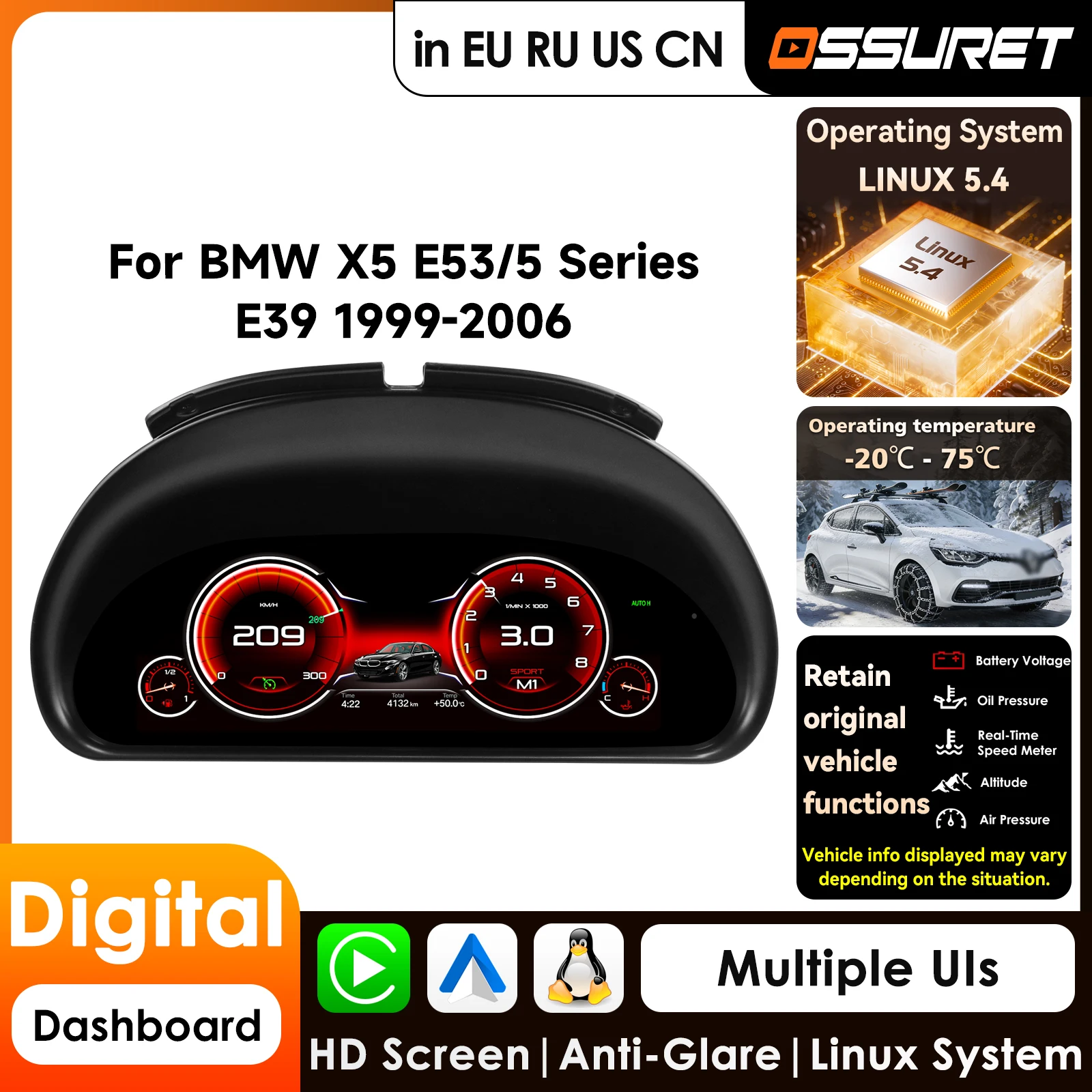

10,25-дюймовая автомобильная ЖК-панель приборной панели для BMW X5 E53 / 5 серии E39 1999-2006, цифровой дисплей, спидометр