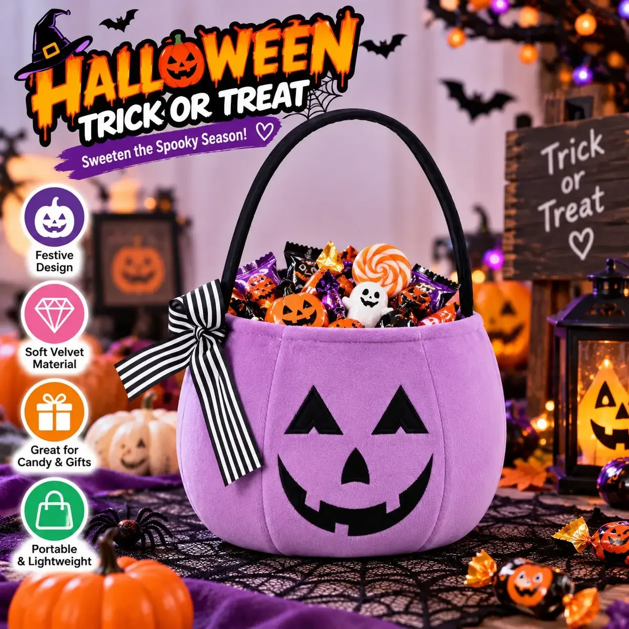 Bolsas de dulces multicolores para Halloween, con lazos, cestas de terciopelo suave con forma de calabaza y caras bordadas de calabazas con forma de calabaza de Jack O'Lantern, asas incluidas, en colores naranja, azul, morado y rosa. Ideales para guardar dulces en fiestas de Halloween, como regalo o para decorar.