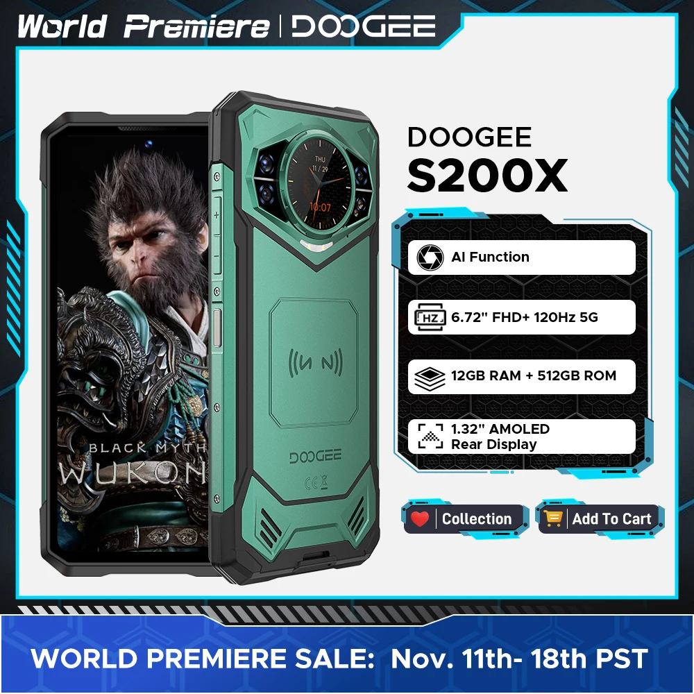 Global Version DOOGEE S200 X 5G Rugged Phone MTK Dimensity 7050 12GB RAM 512GB ROM AI Triple camera 6.72” FHD+ 120Hz 10100mAh