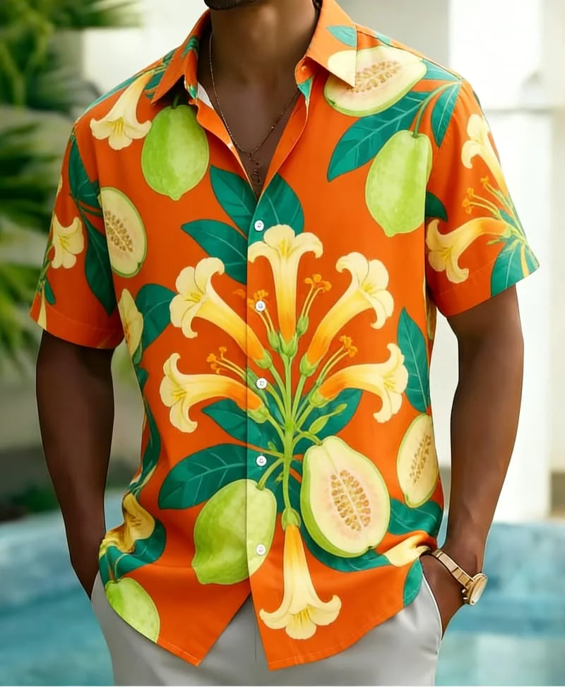 

Мужская рубашка с тропическим фруктовым и цветочным принтом, экзотический гавайский дизайн для летнего отдыха, повседневной носки и уличного стиля