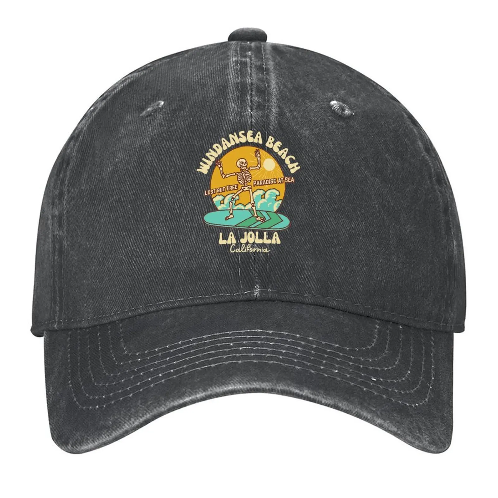 

Retro Sixties Windansea Beach, La Jolla, California, Beige Text- Skeleton Beach / Skeleton Surf Baseball Cap