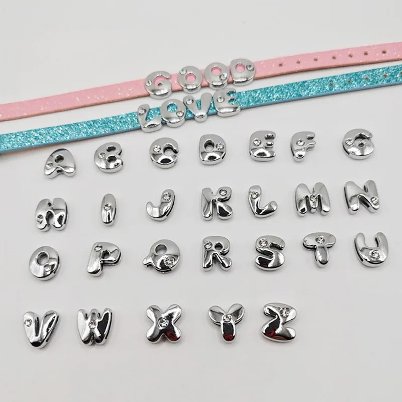 10Pcs Internal Dia 8mm Bubble Single Rhinestone English Letters DIY Alloy Slide Accessories Fit 8mm Wide Belt Pet Collar
