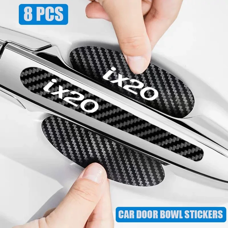 8PCS Car Door Bowl Stickers Cover for Hyundai IX20 Logo Carbon Fiber Exterior Strip Texture Protect Anti Scratches Tape Decals