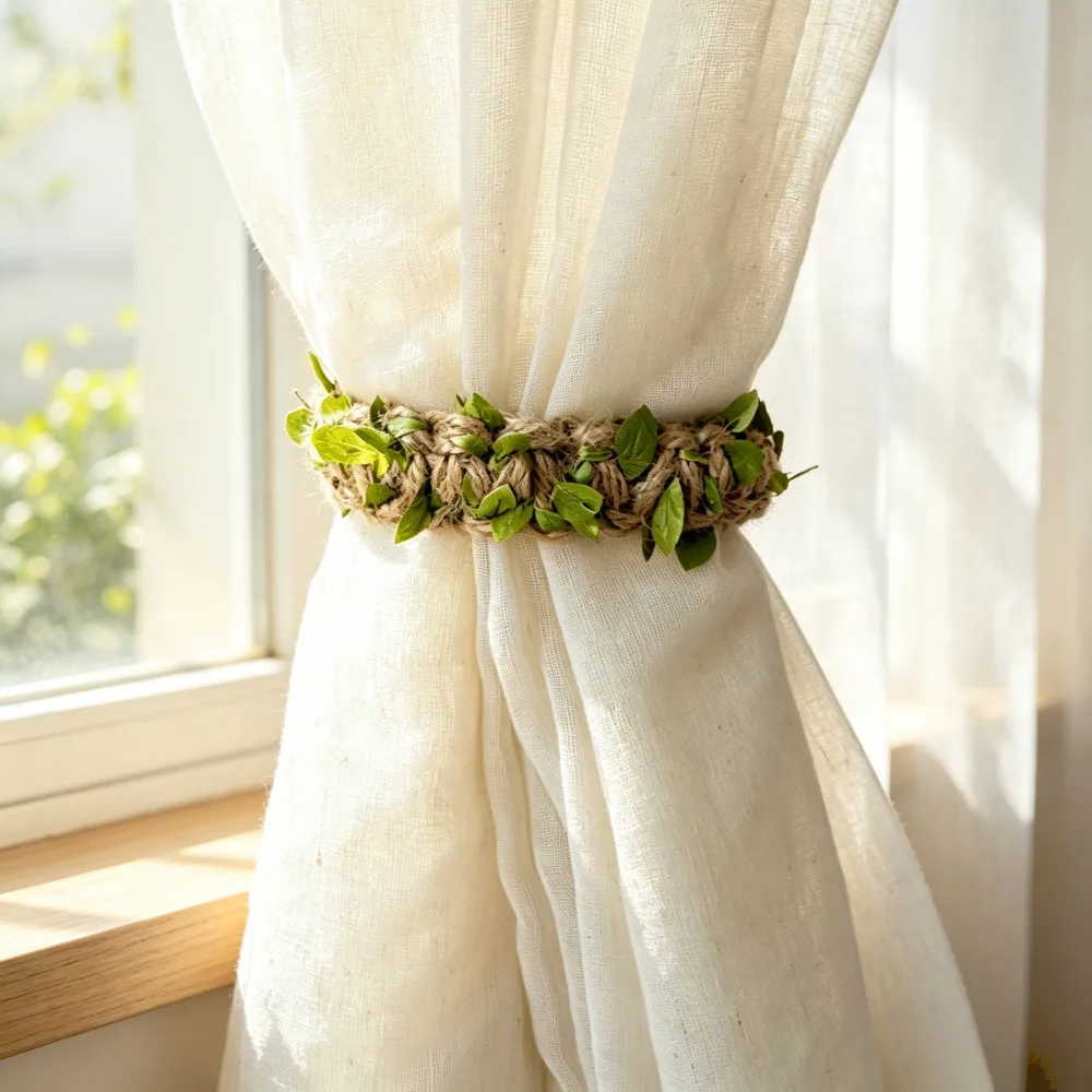 Bohemian Green Leaf Jute Curtain Tiebacks, Hand Woven Flexible Twist Curtain Straps