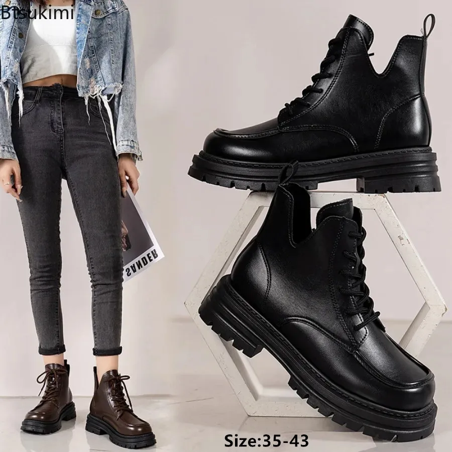 

2024 Women's Fashion Martin Boots British Retro Shoes Thick Soles Boots Women Round Toe Lace Up Martin Short Boots Shoes Females