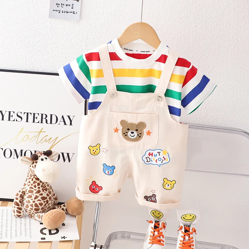 Children Summer Baby Boys/Girls Clothes Strips Bear T-Shirt Bib Pants 2Pcs/Set Kids Fashion Toddler Clothing Tracksuits 0-4Years