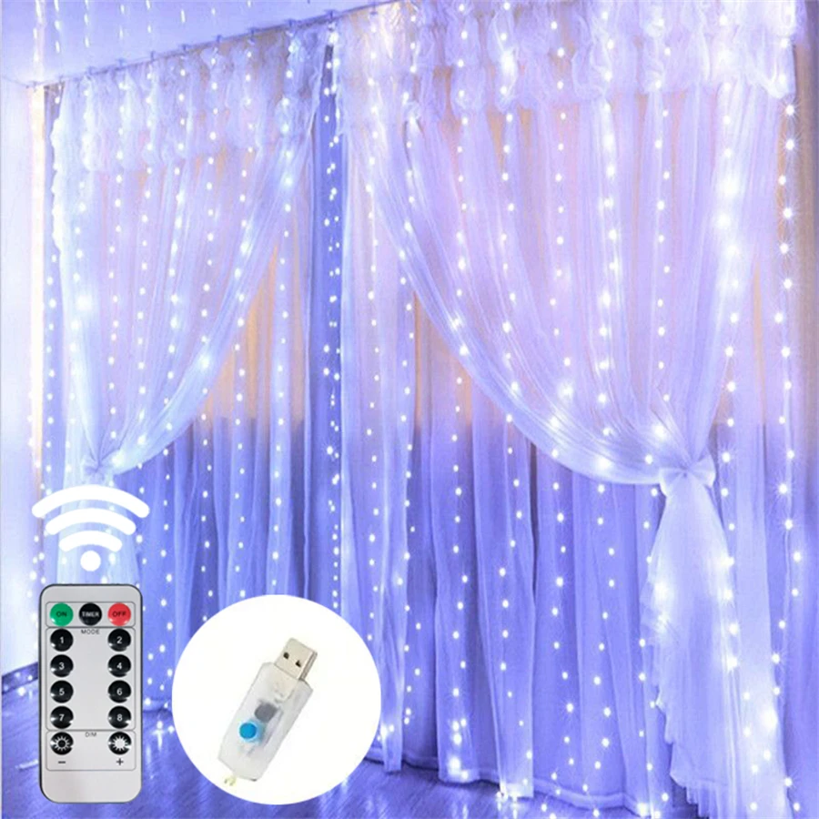 

8 Modes Curtain LED String Lights Fairy Garland USB Festoon Remote Control Christmas Decoration for Bedroom Home Party Birthday