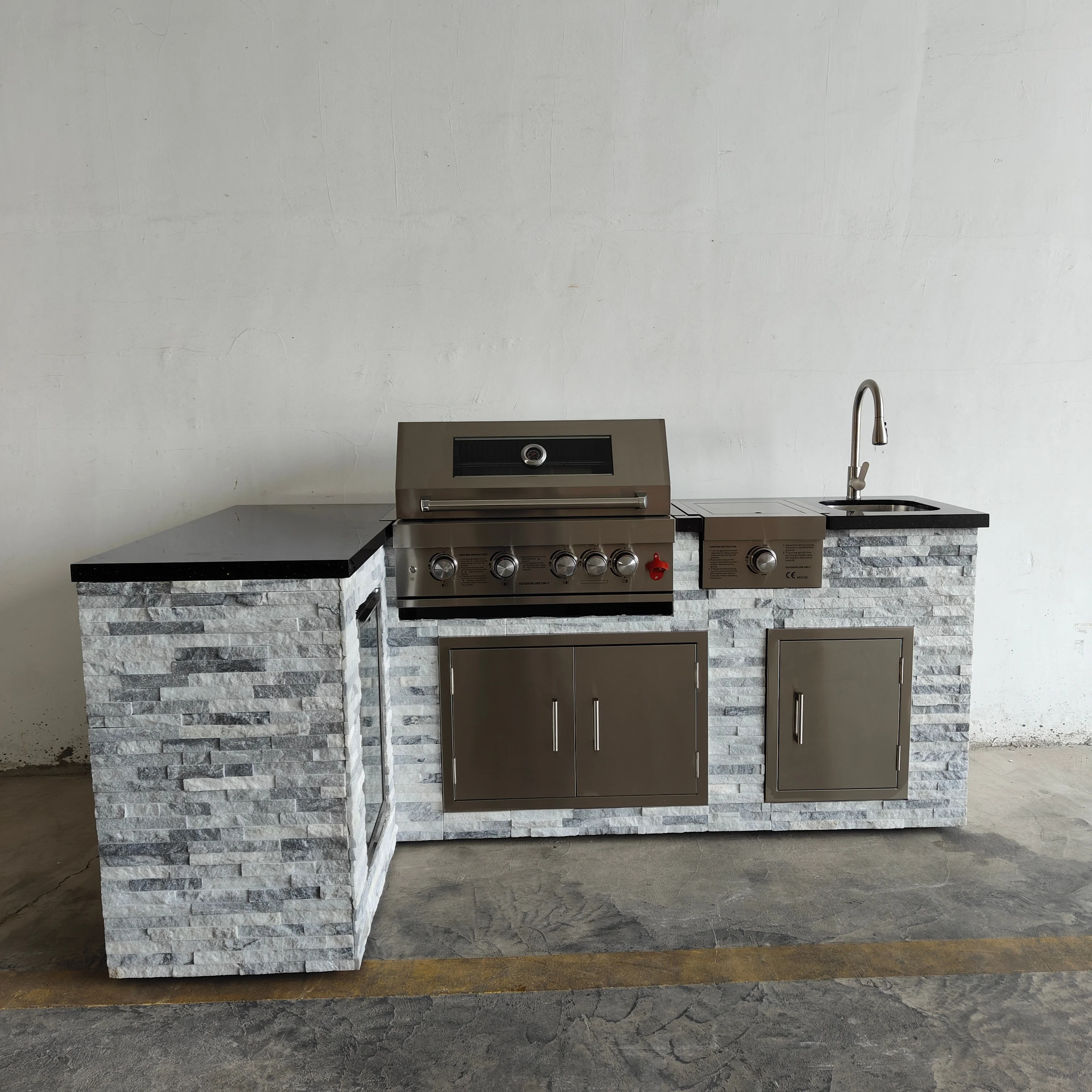 All-In-One Custom Stone Wall L Shape Kitchen with Sink Stove & Chilled Storage for BBQ Grills