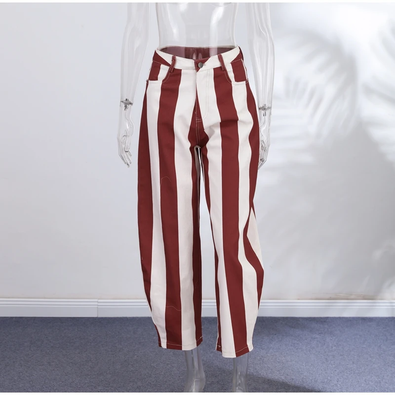 Casual Women's Red Striped Pants Button Zipper Double Pockets Straight Straight Leg Trouser 2026 Spring Summer Fashion Lady Pant