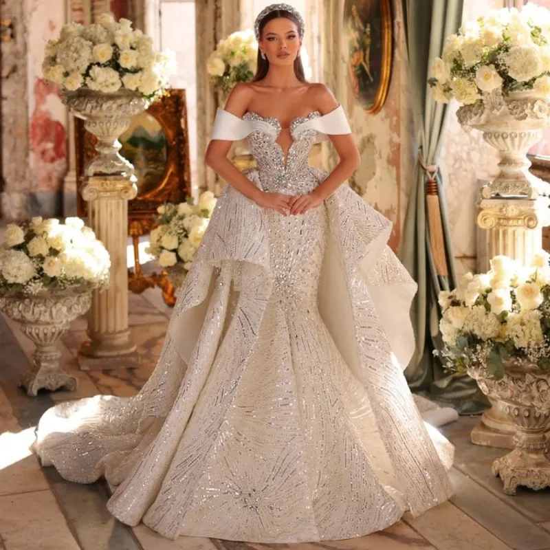 Customized Gorgeous Off Shoulder Dresses New Arrival Silver Crystal Wedding Dress Dreamy Floor-length Mermaid Bridal Gown