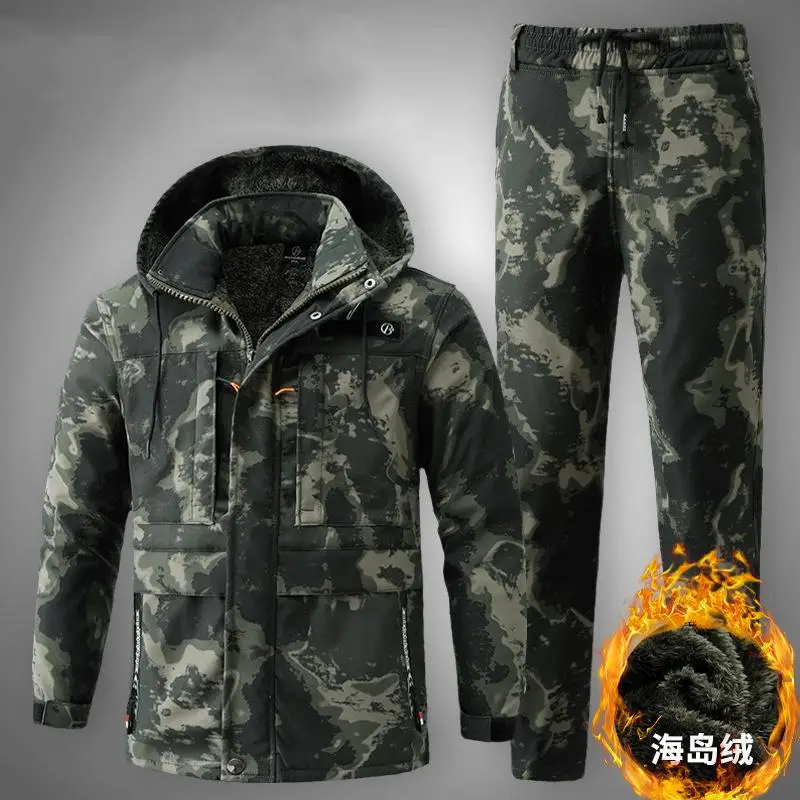 Winter Velvet Camouflage Waterproof Cotton Jacket Suit For Men Outdoor Sports Hiking Tourism Cold Storage Work Clothes Coat