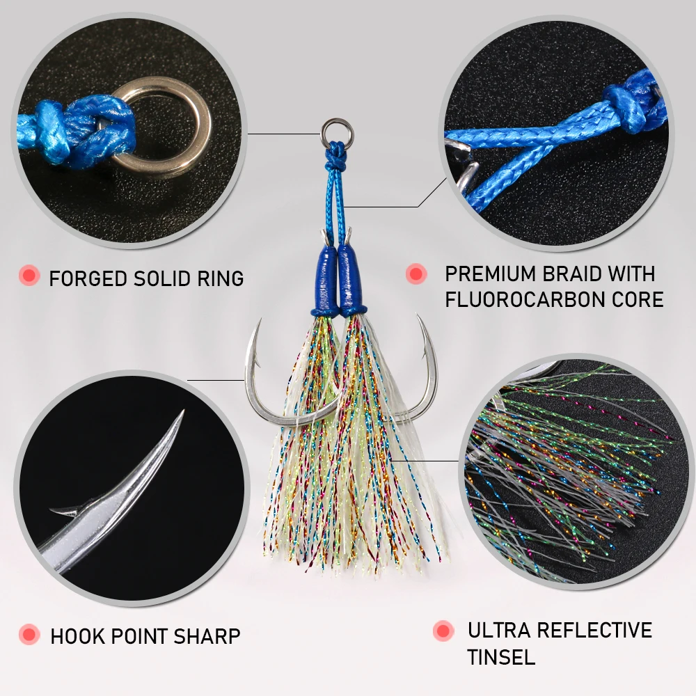 JIGGING PRO 1# 1/0 2/0 3/0 4/0 Luminous Twin Assist Hook Metal Jig Hooks Saltwater Fishing Tackle Jigging Hooks