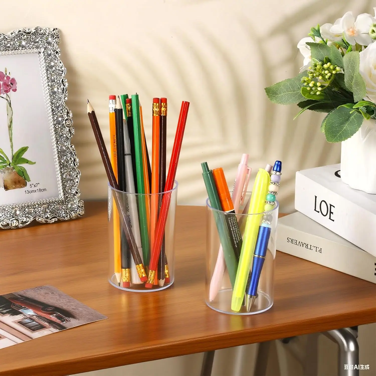 Clear Acrylic Pen Holder | Stylish Cylinder Desk Organizer for Pencils Makeup Brushes | Home Office Supplies Countertop Storage