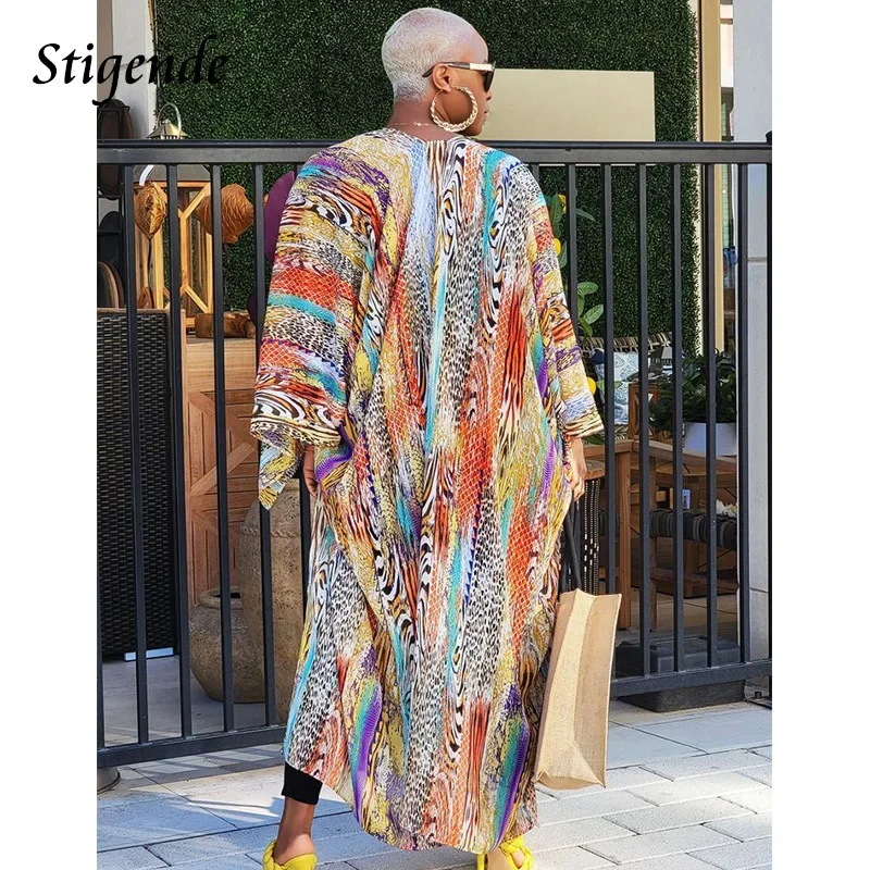 Stigende zomer strand chiffon cover-up jurk dames lange mouw losse kimono kaftan