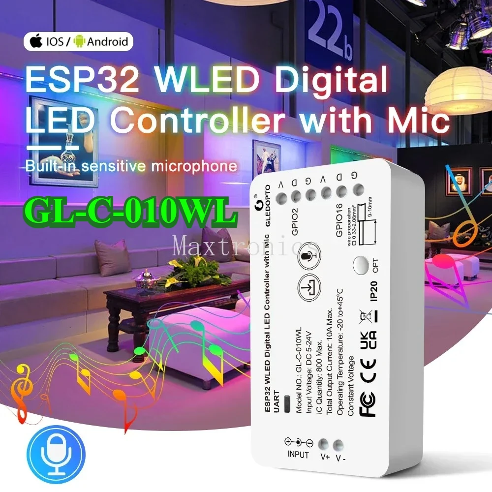 GL-C-010WL/GL-C-010WL-D ESP32 WLED LED Controller GL-C-009WL Music Modes For SK6812 TM1814 WS2813 WS2815  WS2811 WS2812LED Strip