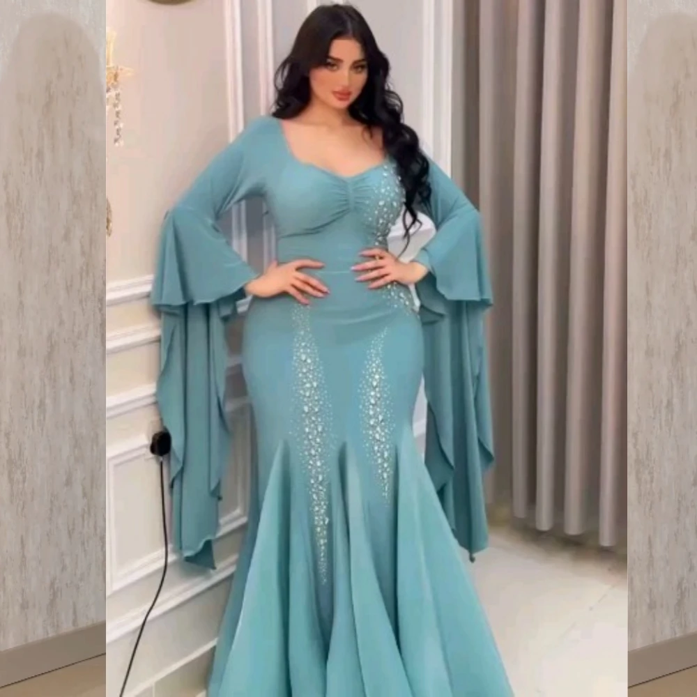 Customized  Evening Prom   Jersey Beading Ruffle Draped Mermaid Square Neck Bespoke Occasion Gown Long es