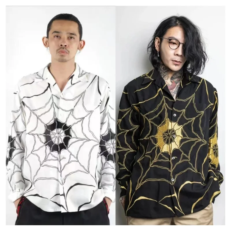

Trend White Black WACKO MARIA Best Quality Print Spider Web Long Sleeve Shirt Vintage Mens Womens Hip Hop Shirt