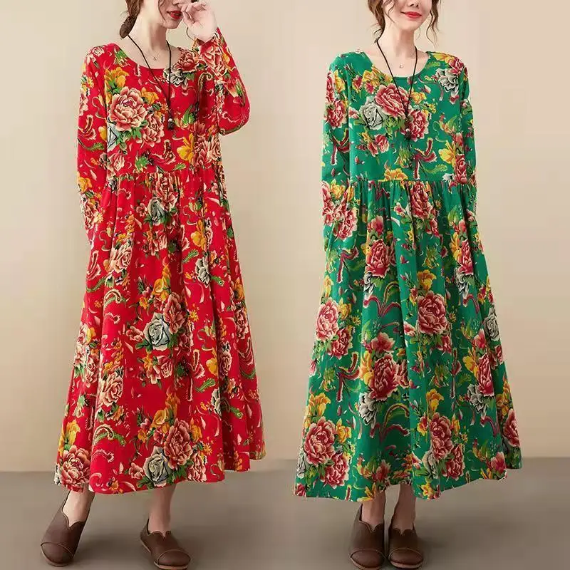 Spring Autumn New Ethnic Style Featured Big Red Long Robe Femme Revival of Literature and Art O-Neck Floral Print Loose Dress