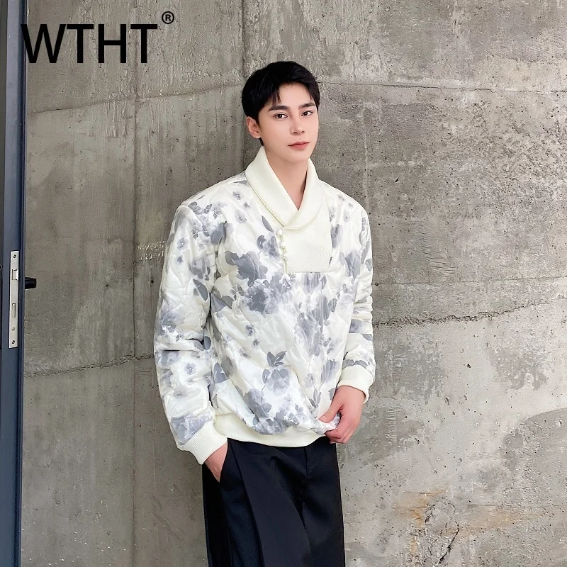 WTHT Trendy Men's Tie Dye Patchwork Design Casual T-shirts Fashion Chinese Style Turn Down Collar Tops Male 2025 Autumn 2A1919