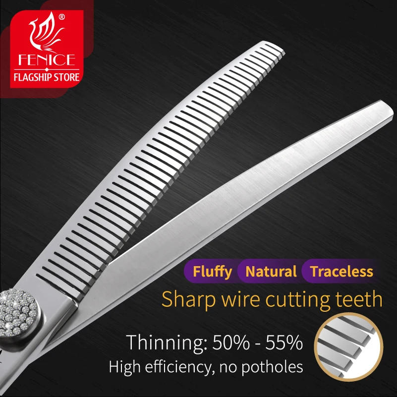 Fenice 6.5/7.0/7.5 inch Pet Hairdressing Shears JP440C Diamonds Curved Tooth Scissors for Dog beauty Thinning Rate 50%-55%