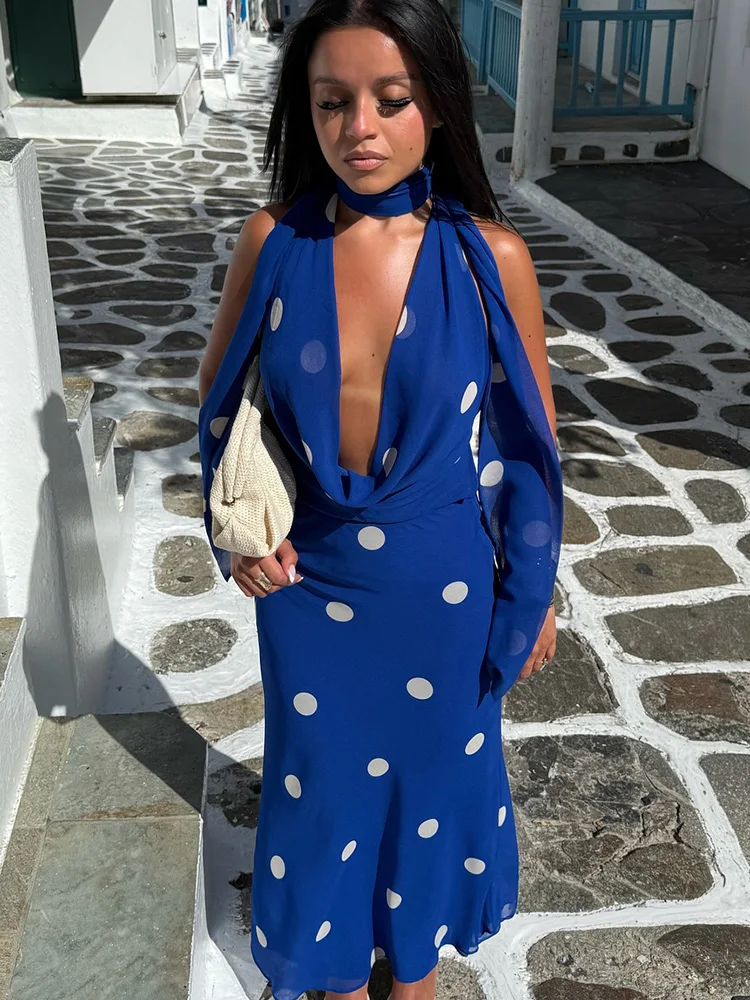 HH dames zomer strandstijl lange jurk stippen swingende kraag rugloze rits vrouwelijke mode sexy mouwloze jurken trendy