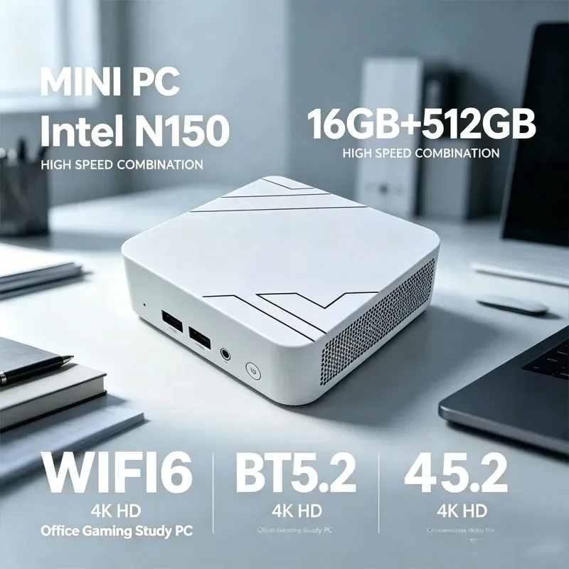 Compact Portable Mini PC N150 16GB RAM 512GB SSD BT5.2 High Speed Mini Desktop Computer Office Home Mini Host