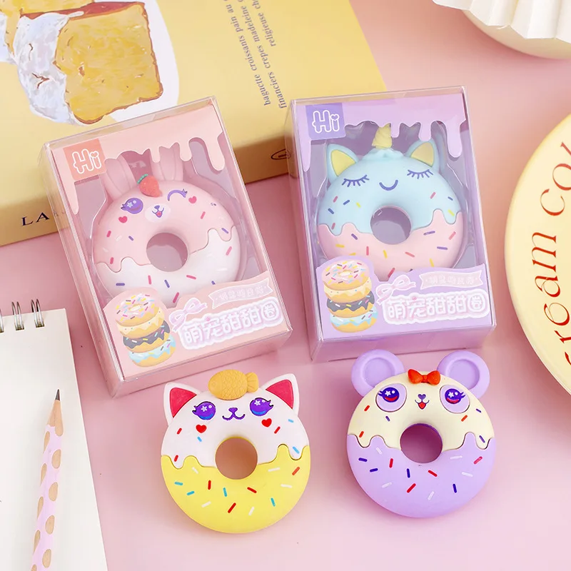 4 Box  Big Cute Donut Cartoon  Pencil Eraser Stationery Set, Student Prizes, Gifts, Commemorative  Rewards,Box Packing