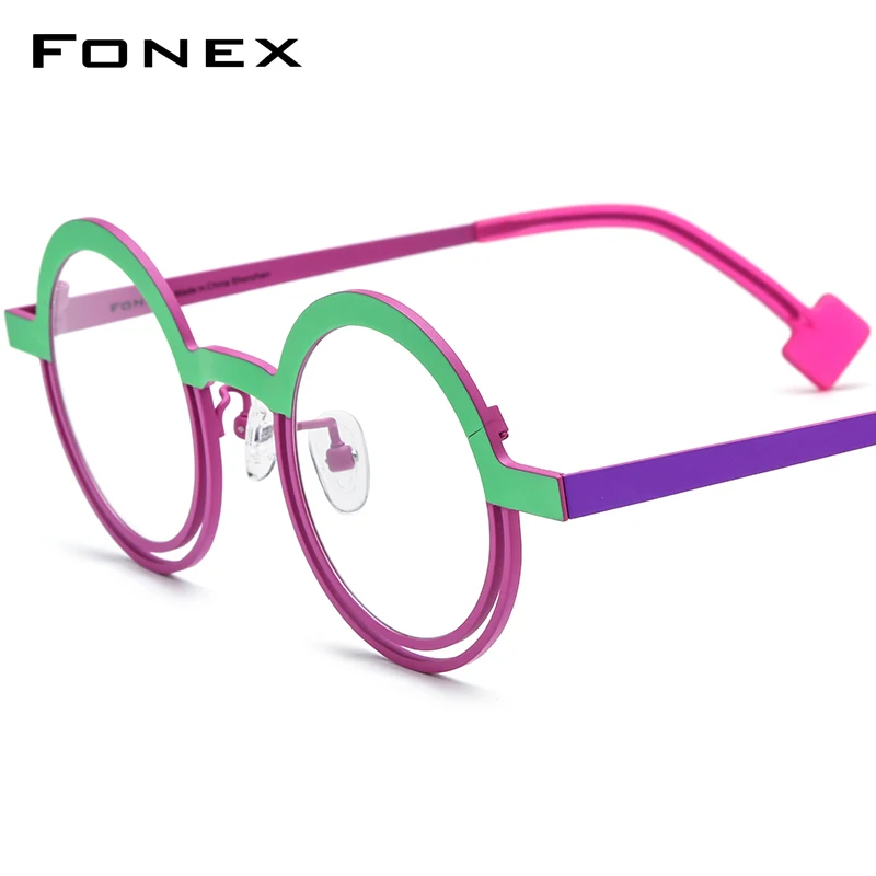 FONEX Pure Titanium Glasses Frame Women 2024 New Fashion Colorful Vintage Small Round Eyeglasses Men Eyewear F85822