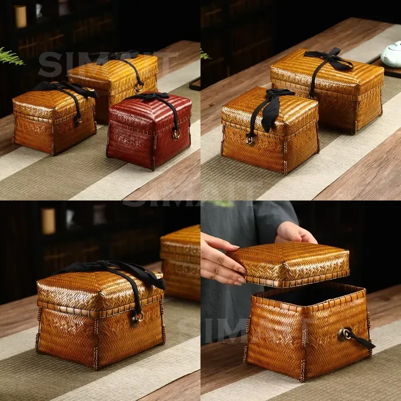 Handwoven Storage Box With Lid Portable Picnic Food Tea Set Organizer Creative Desktop Sundries Container