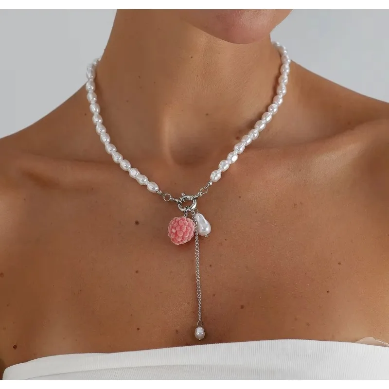New Trendy Sweet Creative Pink Raspberry Simulated Pearl Necklaces for Women Exquisite Cute Y2K Fashion Wedding Jewelry Gifts