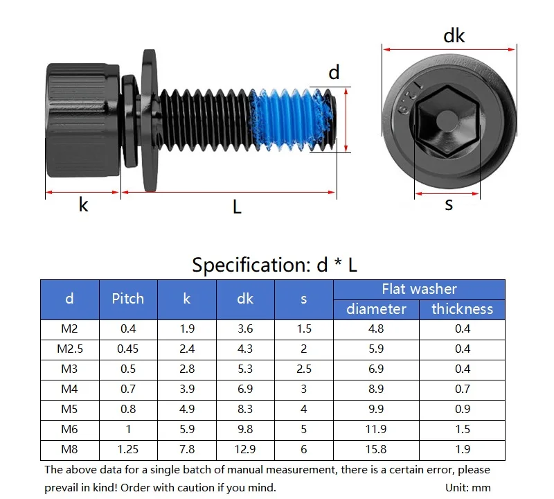 M2 M2.5 M3 M4 M5 M6 M8 Black Grade 12.9 Allen Hexagon Socket Cap Head Screw With Flat/Spring Washer Blue Dispensing Combination