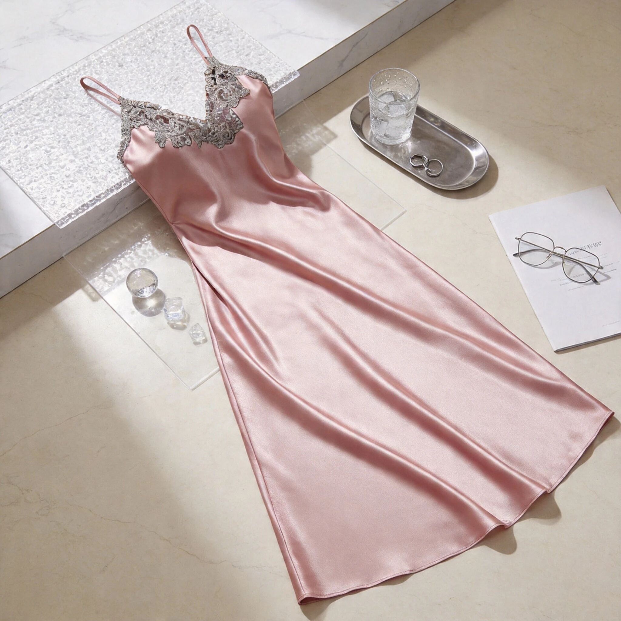 Conjunto de camisón de satén para mujer con encaje, vestido largo con tirantes y bata, elegante ropa de dormir, cuello en V, lencería nupcial para fiesta de bodas