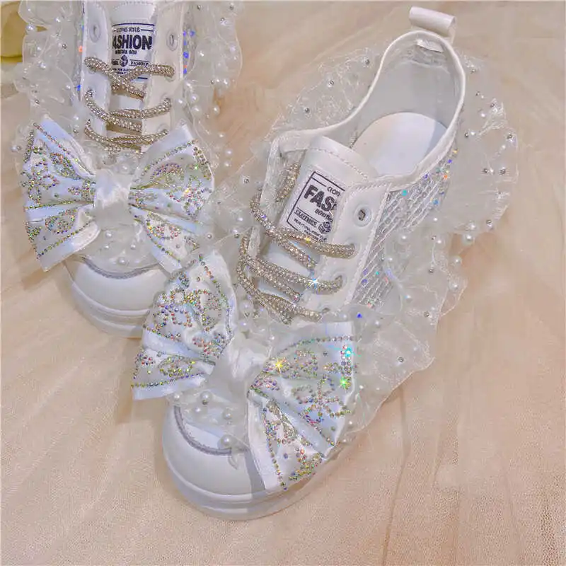 Summer Breathable Lace Single Shoes Water Diamond Bow Sweet Little White Shoes