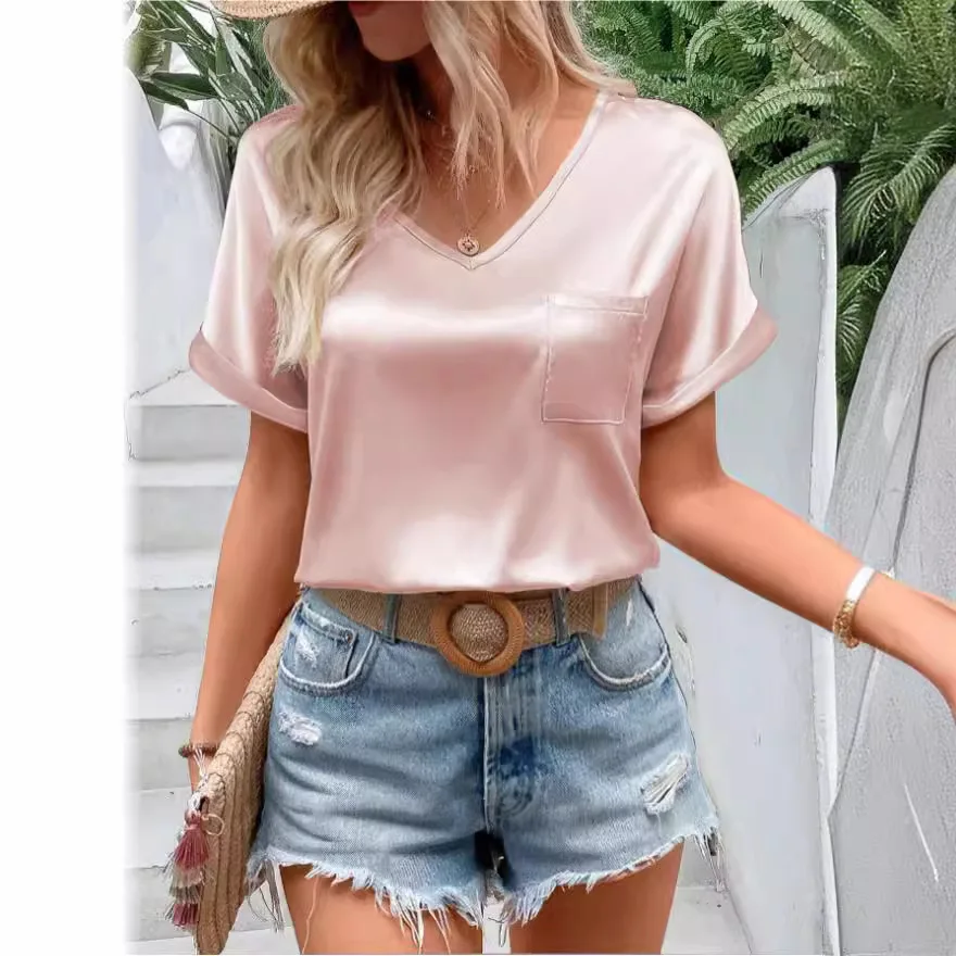 2024 Cross border Amazon Women's Colored Satin V-neck Pocket T-shirt with Curled Short Sleeves Loose Casual Top