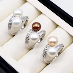 Double Pearl Rings Round Natural Freshwater Pearls Silver Rings Multicolor Pearls Zirconia Adjustable Rings Women's Rings