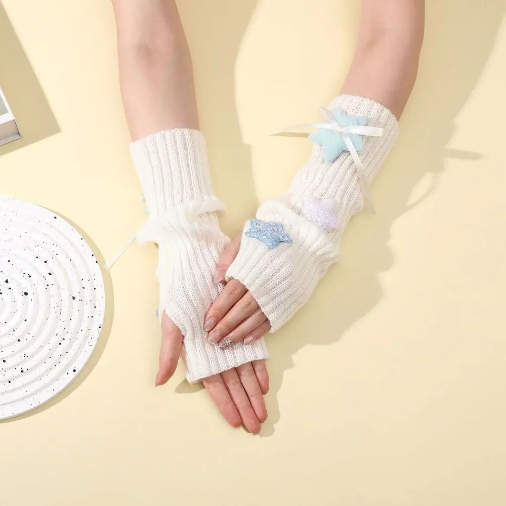 New Y2K Long Wrist Gloves Stars Thicken Arm Warmers Soft Solid Color Knitted Arm Sleeves Women