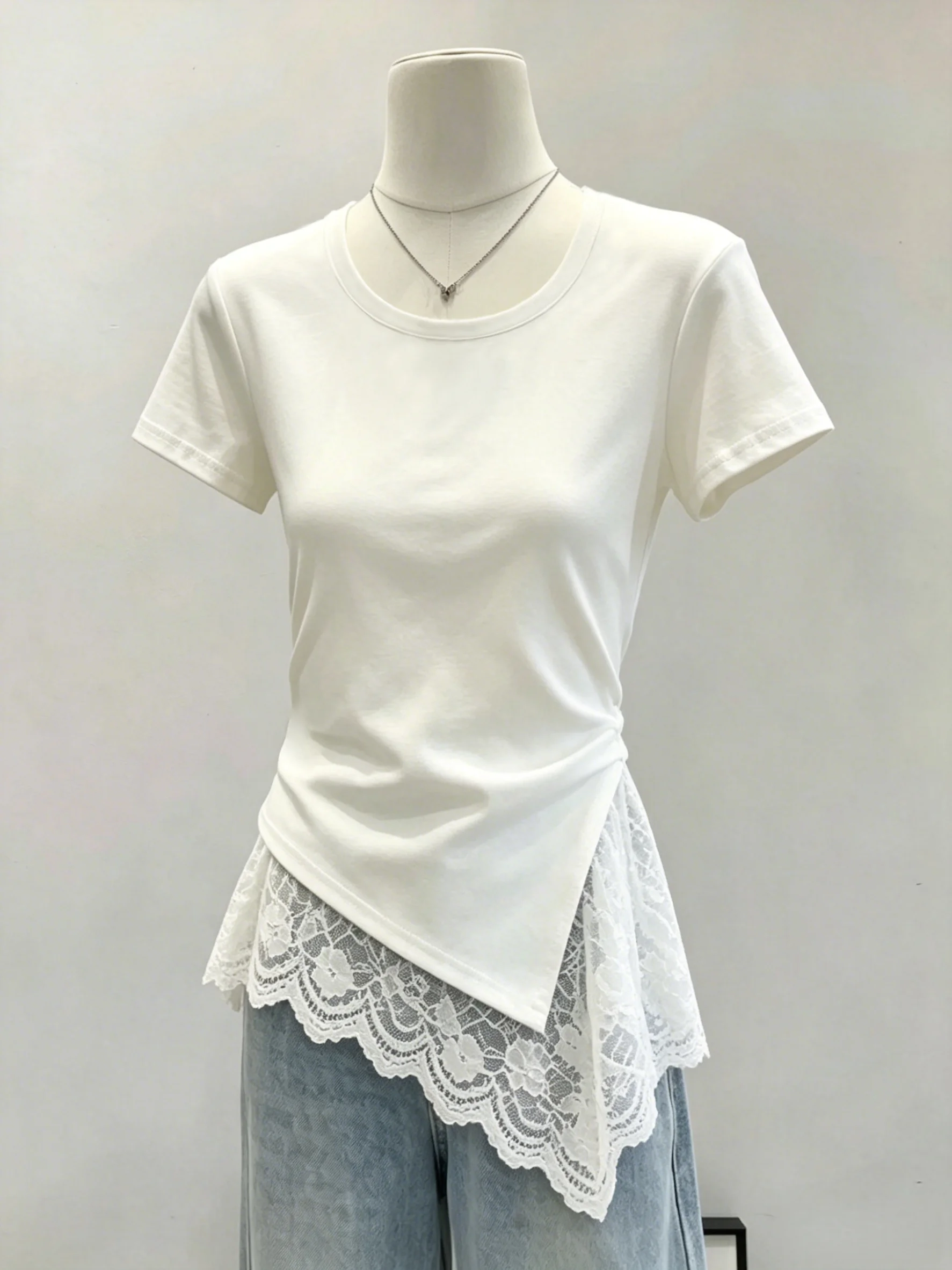 Summer Lace Splice Short Sleeve T-Shirt Women's plus Size Slim Fit Shoulder Length Cotton Blend Elastic Fiber Casual Top