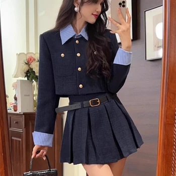 Moda coreana elegante conjunto de saia de duas peças feminino único breasted colheita superior plissado mini saia estilo preppy outono novas roupas