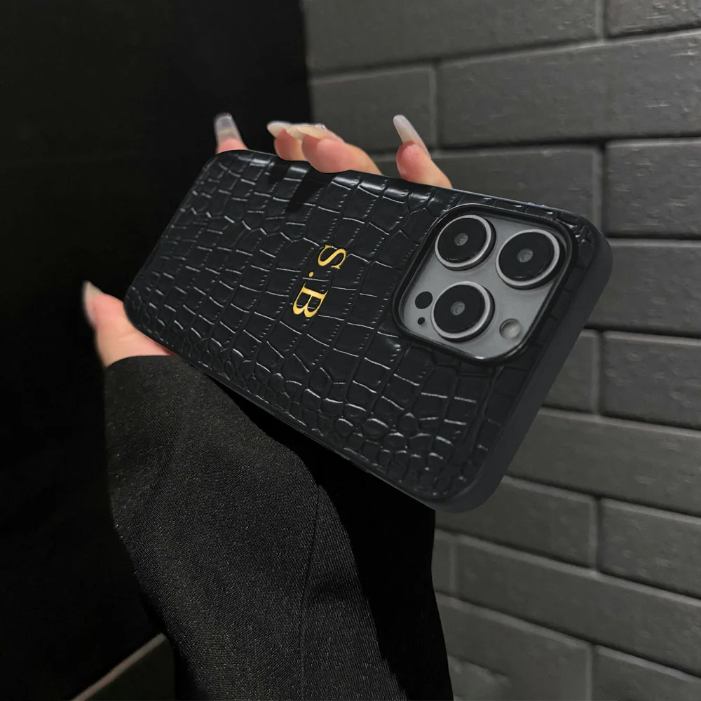 Personalized Customized Initials Name Case For iPhone 17 16 15 14 13 12 11 Pro Max 17 Air Luxury Soft Crocodile Leather Cover