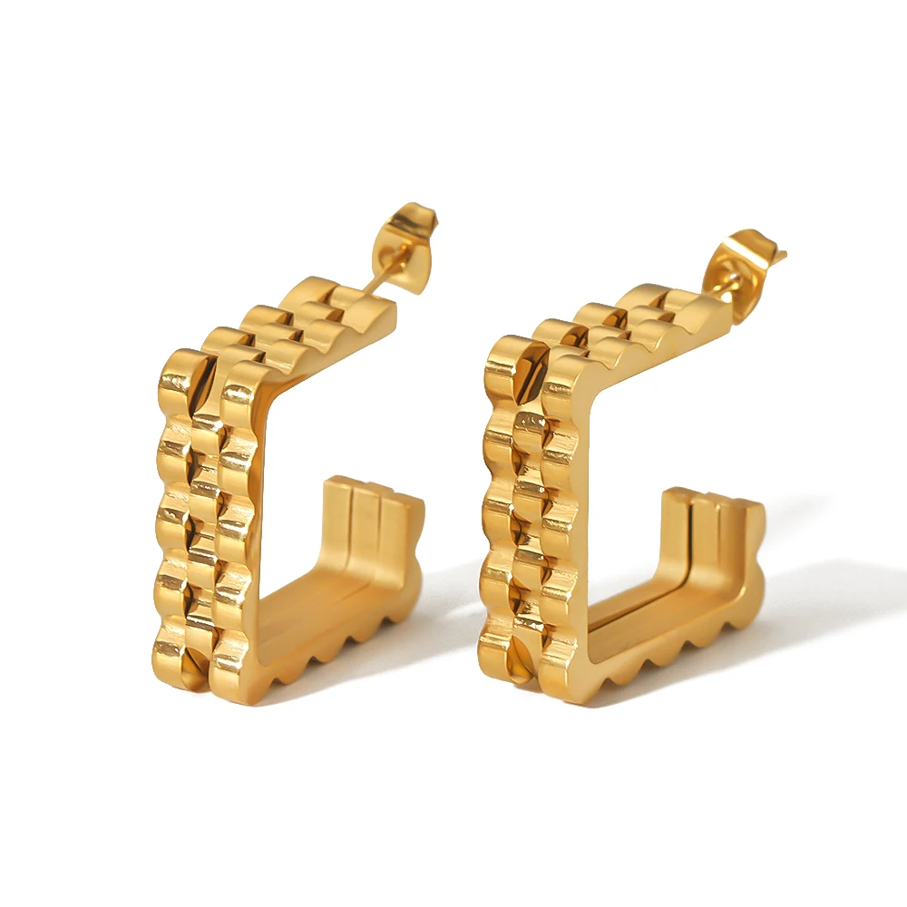 Heiß begehrte klobige quadratische geometrische Ohrstecker, 18K vergoldet, Edelstahl-Uhrenarmband-Ketten-Creolen, Schmuck – Detail 5