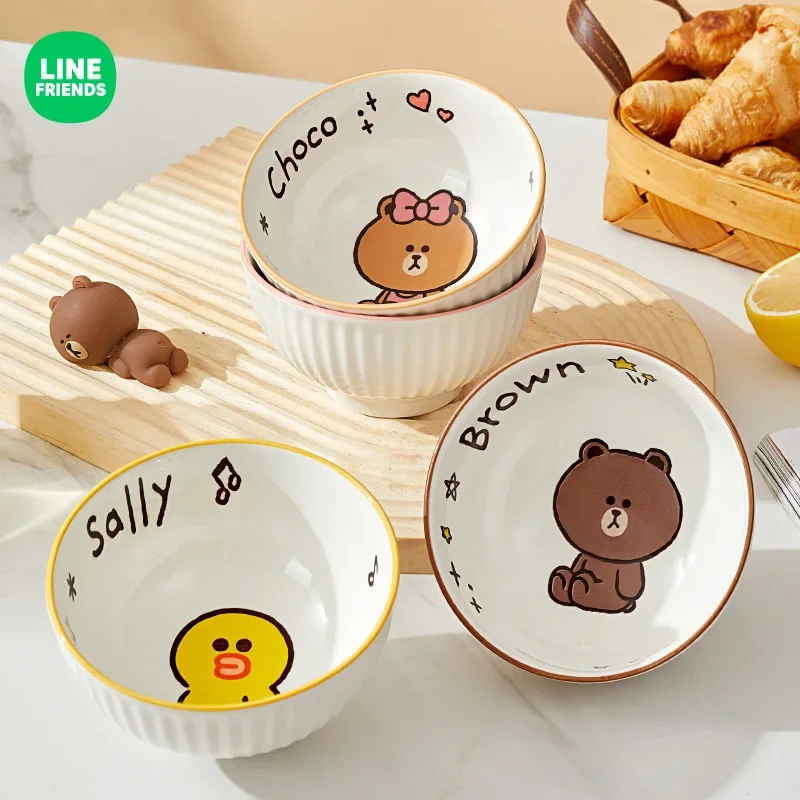 LINE FRIENDS Anime Kawaii Sally Cony Ceramic Striped Bowl Set Choco Home Eating Tableware 4pcs Brown Cartoon Cute Rice Bowl Gift